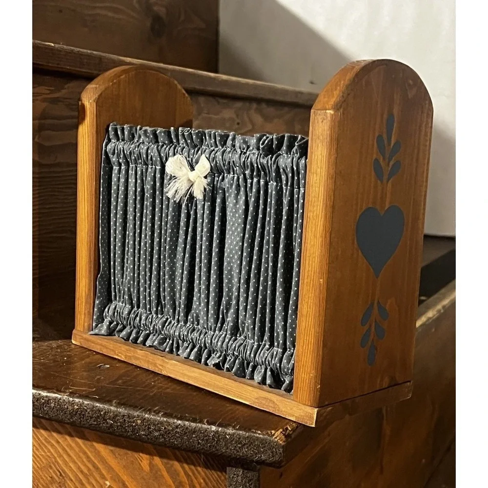 Vintage Wooden Napkin Holder Curtain Kitchy Cottagecore Rustic Camp Cabin Blue